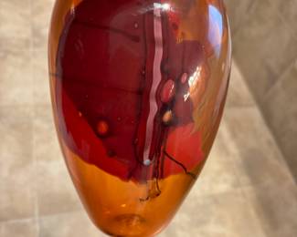 Red, Purple & Orange Blown Glass Vase - Signed by Artist