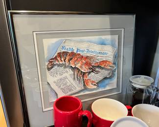 Framed & Matted Water Color Print "Lobster on Newspaper" by Sarah Clementson Yaeger
