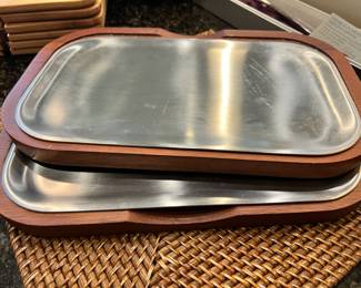 Two Brookstone Wood Stainless Steel Serving Trays