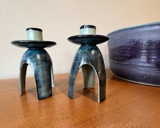 Pair of Blue/Grey Pottery Candlestick Holders