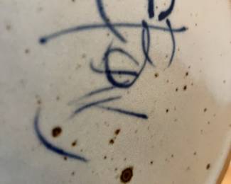 Cream/Blue Pottery Shallow Bowl - Signed by Artist