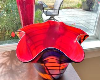 Blown Glass Abstract Red/Multicolored Ruffled Vase