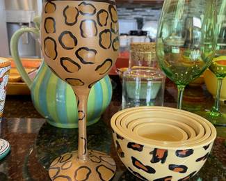 Hand Painted Wine Glass with Leopard Print Design, Melamine Leopard Print Measuring Cup Set