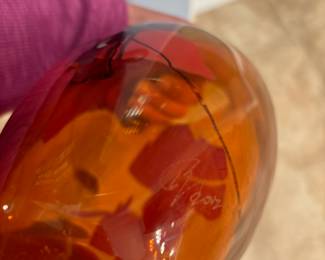 Red, Purple & Orange Blown Glass Vase - Signed by Artist