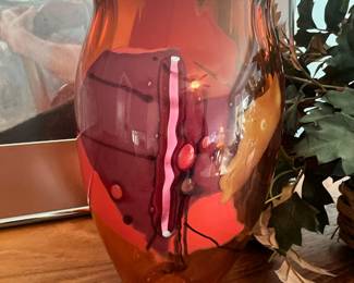 Red, Purple & Orange Blown Glass Vase - Signed by Artist