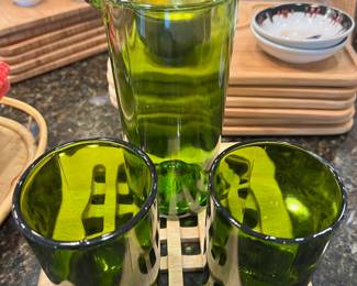 Green Glass Pitcher with 2 Lowball Glasses