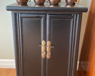 Set of 4 Copper Moscow Mule Mugs, Ming Style Two-Door Black Lacquer Cabinet