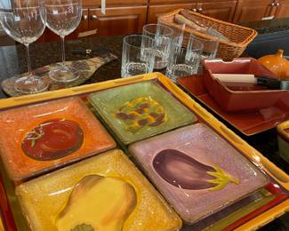 5 Piece Clay Art Toscana Hand Painted Serving Tray and Appetizer Plates