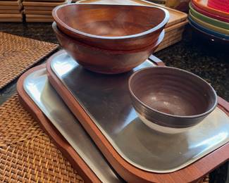 Two Brookstone Wood Stainless Steel Serving Trays