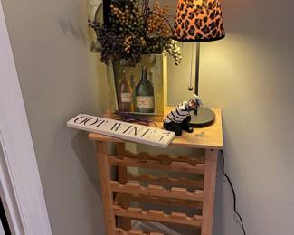 Pine Wine Rack, Table Lamp with Leopard Print Shade