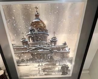 Framed & Matted Watercolor Print of St. Petersburg Snowy Scene 