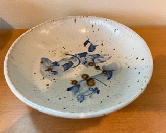 Cream/Blue Pottery Shallow Bowl - Signed by Artist