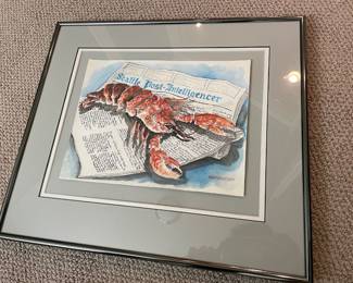 Framed & Matted Water Color Print "Lobster on Newspaper" by Sarah Clementson Yaeger