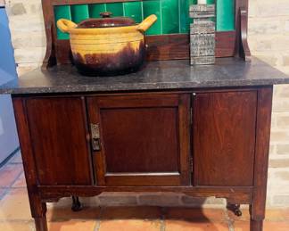 Walnut Washstand with a Beautiful Vintage Green Tile Backsplash
