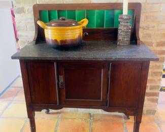 Antique Wash Stand, Granite top, Green Tile Backsplash, Walnut