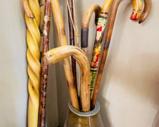 Antique pot with walking sticks & canes