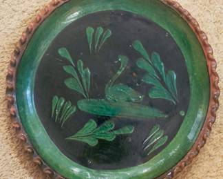 Vintage Patamban Green Glazed Red Pottery Platter