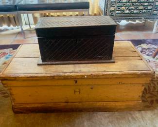 Antique Sailors Trunk with Handles,  top is an Antique Kindling Box