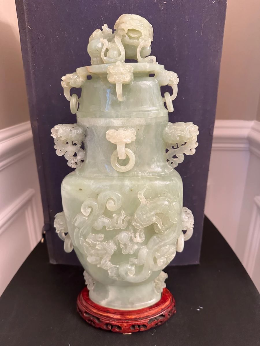 Chinese Green Jade Covered Urn / Vase