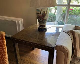 Pair of Vintage Burl Wood Side Tables, Pair of Asian Lamps