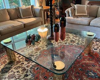 1970's Leon Rosen For Pace Style Glass & Brass Cocktail Table / Coffee Table