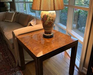 Pair of Vintage Burl Wood Side Tables, Pair of Asian Lamps