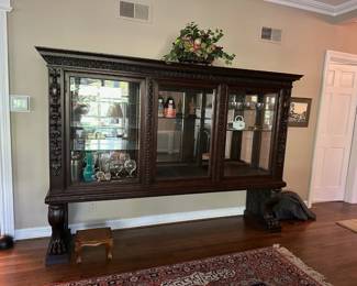 Large Antique 3 Door Cabinet w/ Hand Carved Details and Enormous Paw Feet