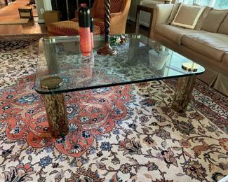 1970's Leon Rosen For Pace Style Glass & Brass Cocktail Table / Coffee Table