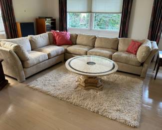 Beautiful Suede Sectional Sofa, Vintage Round Marble Top Cocktail / Coffee Table, Area Rug