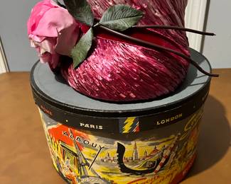 Vintage Gilbert Orcel Ladies Paris Europe Hat Box with Rope handle + Beautiful Pink Straw Bucket Hat