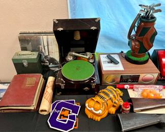 Vintage Records, Victrola player & speaking machine. Vintage Mickey & Garfield phones 