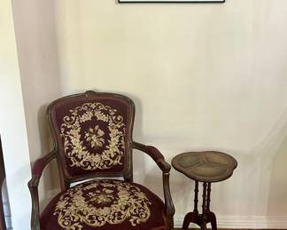 Beautiful antique needlepoint chair, small side table & original artwork by Zhang Shi Pei 