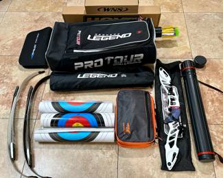 Archery set including 2 bows, arrows, backpack/bag, handles, targets & accessories