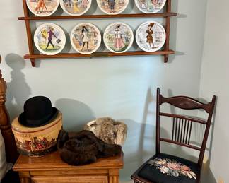 “Women of the Century” plate collection, vintage hats and sweet antique chair 