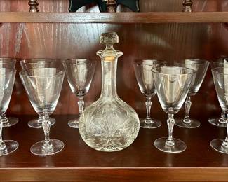 Fostoria silver platinum glasses & crystal decanter 