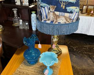 FETON Blue Colonnial 11" Hobnail Vase, a FENTON Blue Satin Persian Medallion Compote, and a Custom Made Blue Fringed Lamp Shade on Brass Lamp