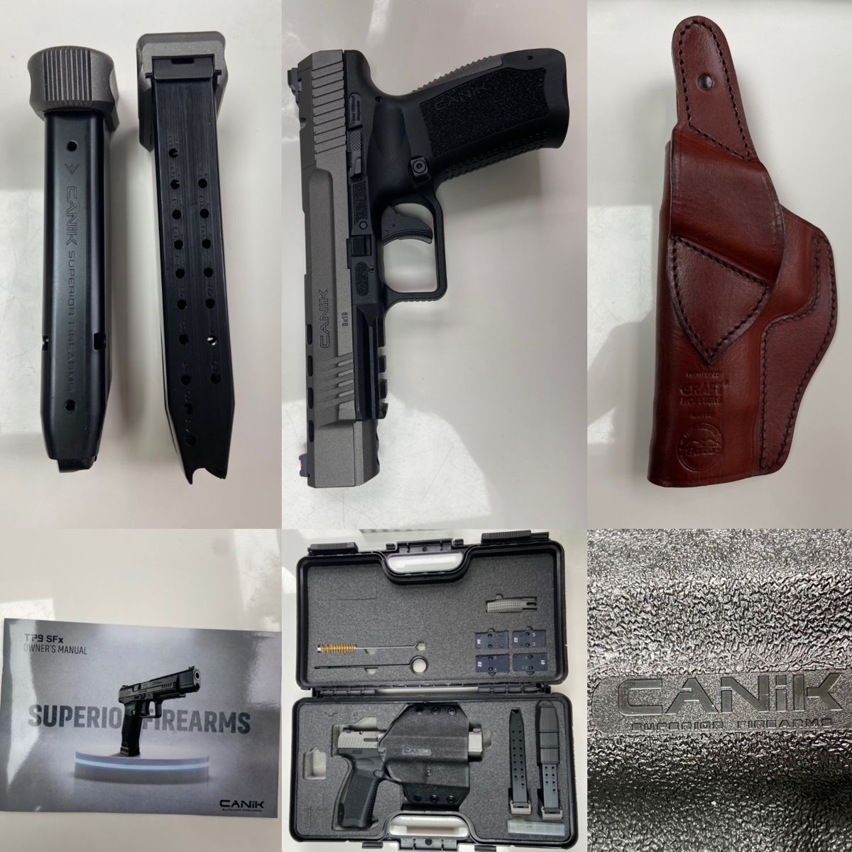 NEW Canik TP9SFX  Competition Pistol 5.2” Barrel comes W/4 Optic Plates, extra back straps, 2 -20 Rnd Mags, Canik Holster & Custom ordered Leather Holster-Shot less 2 mags