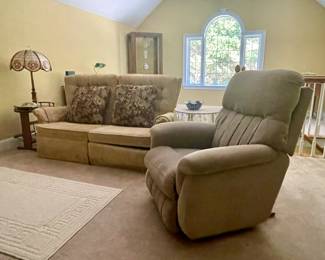 Love seat sofa, oak table with lamp, La-Z-Boy recliner