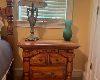 Pine bedside table, lamp and vase