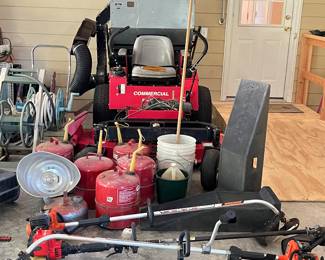 "Country Clipper" Commercial 2204MT Zero Turn Radius Mower, gas cans, yard trimmers, hose reels...