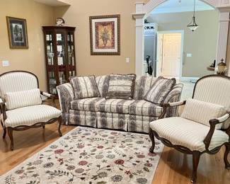 Broyhill sofa, corner curio cabinet, two Broyhill French Provincial style armchairs, wall art