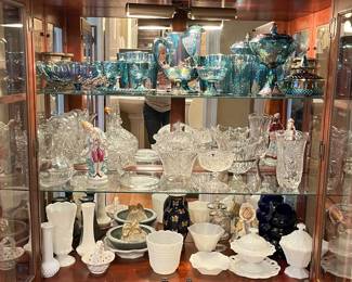 Carnival glass, leaded glass and milk glass