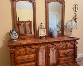 Pine dresser with rattan weaved doors and two large mirrors