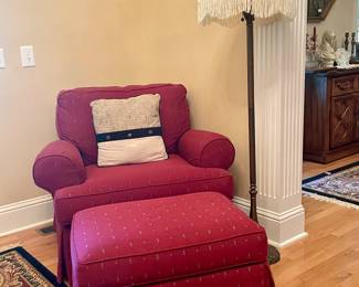 Club chair with ottoman, floor lamp 