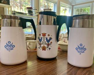 Vintage Corning ware percolating coffee pots  "Blue Cornflower"  and "County Featival"