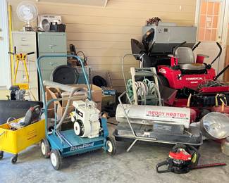 Reddy Heater Pro 165, Bluebird lawn comber, trimmer, hose reel's, McLane 7 blade sweeper, file cabinets...
