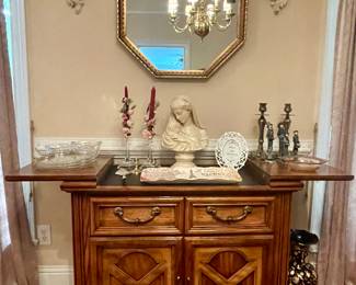 American Drew buffet/serving table. Madonna and child "Marwal" bust, Octagon wall mirror, great smalls!