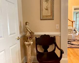 Victorian Throne Chair, large vintage "Marwal" lady with basket statue, pedestal