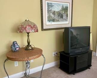 Wood and metal table, tv and stand, wall art