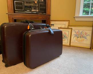 Vintage Samsonite Sentry 2 suitcases one with wheels and pull handle. Collection of Phyllis Terrell watercolors.